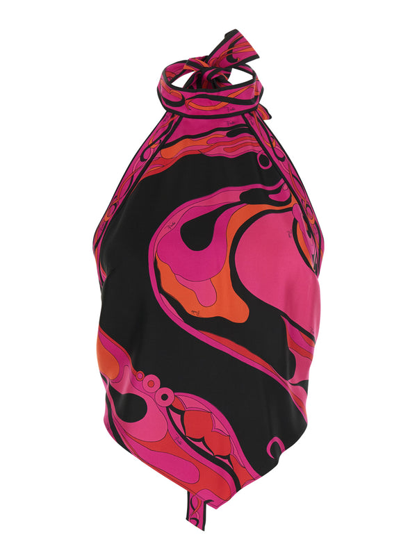 Silk Halterneck Top With Orchidea Print Fuchsia Tops