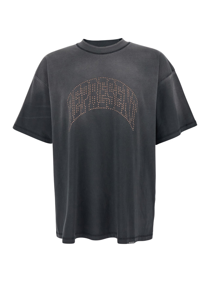 Black T-Shirt with Logo Lettering on the Front and Faded Effect for Men Cotton Tshirts Polo Shirts