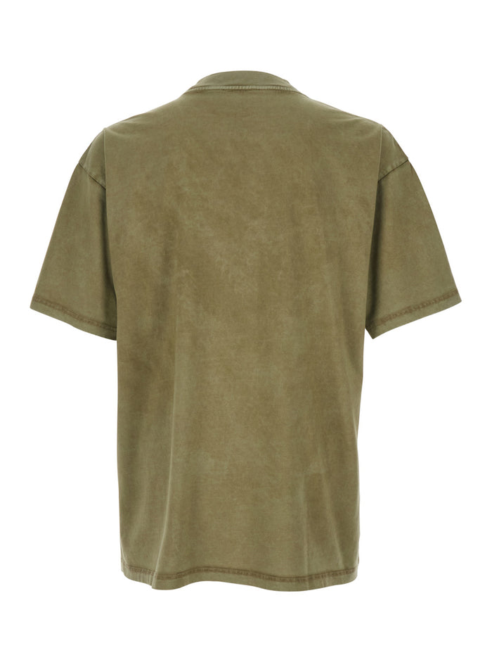 Green T-Shirt with Logo Lettering on the Front and Faded Effect for Men Cotton Tshirts Polo Shirts