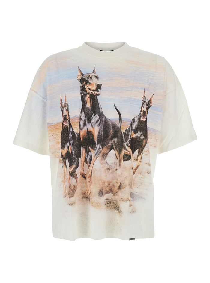 White T-Shirt with Wester Dobermans Print on the Front in Cotton and Hemp for Men Tshirts Polo Shirts