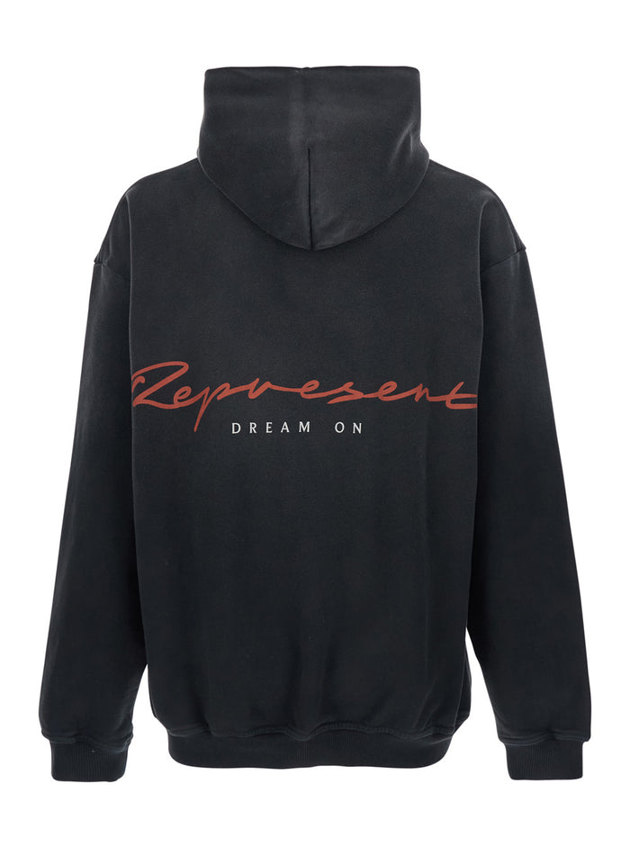 Hooded Sweatshirt with Fixed Hood and Maxi Print on Front Back in Black Cotton for Men Sweatshirts