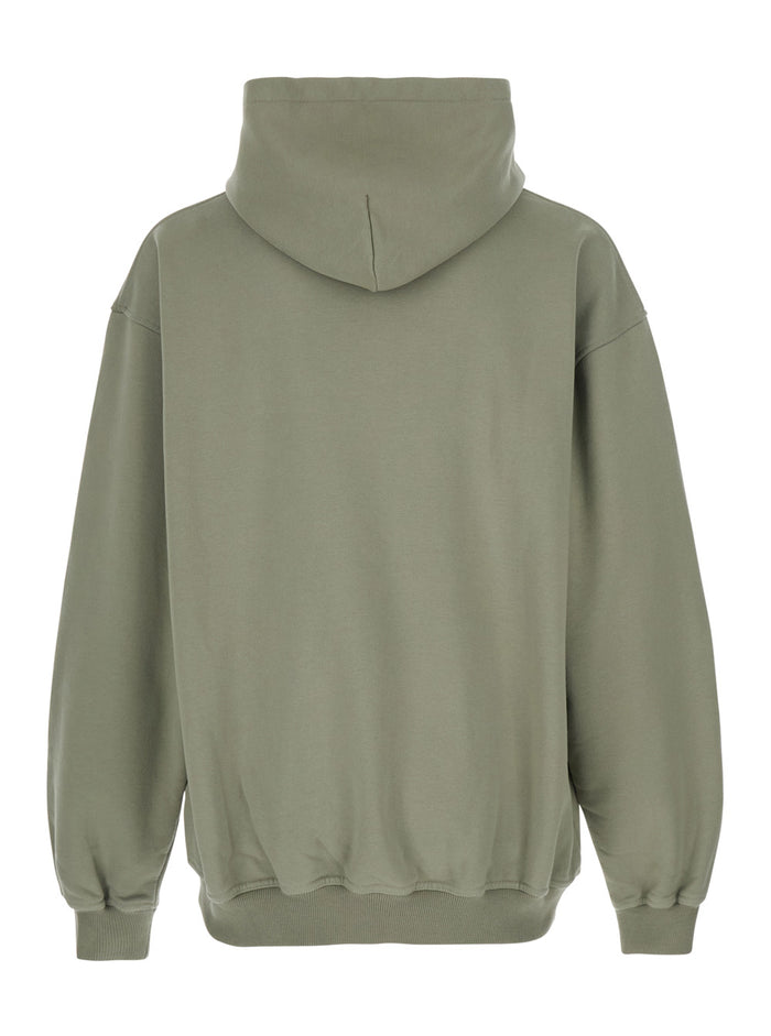 Hooded Sweatshirt with Fixed Hood and Maxi Print on Front in Green Cotton for Men Sweatshirts