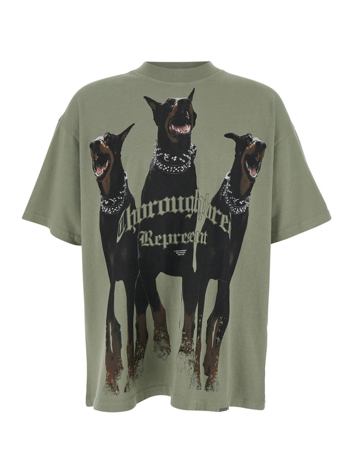 Thoroughbred T-Shirt with Doberman Graphic Print and Lettering Logo on the Front in Green Cotton for Men Tshirts Polo Shirts