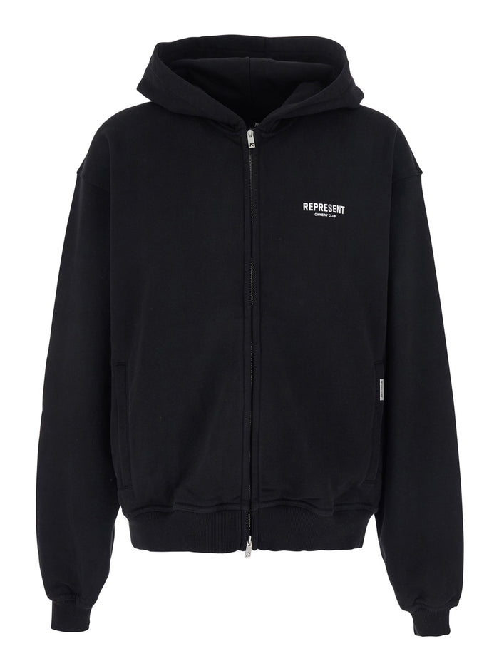 Black Zip Hoodie with Logo on Front and Back for Men Cotton Sweatshirts