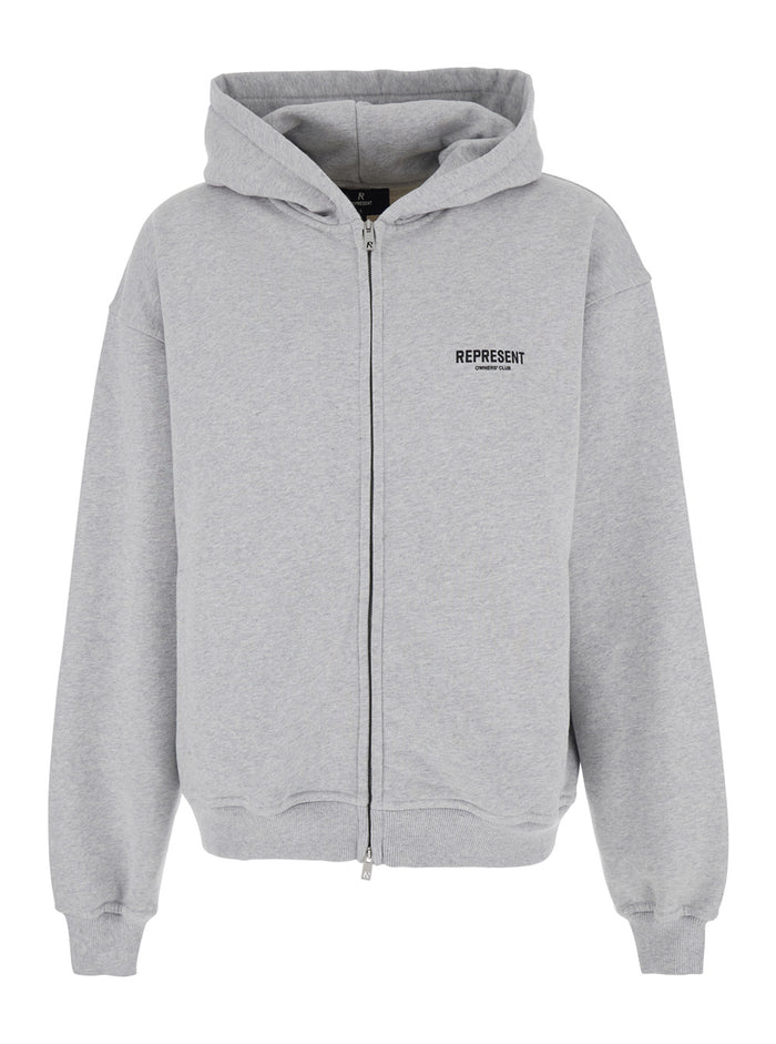 Gray Zip Hoodie with Logo on Front and Back for Men Grey Cotton Sweatshirts