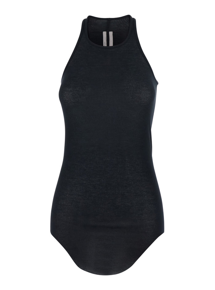 Top with U-Neck and Ribbed Design in Viscose Silk Blend Black Women Tops