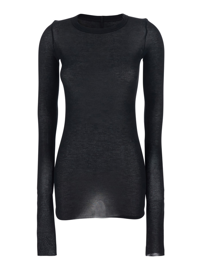 Black T-Shirt with Round Neck and Ribbed Design in Viscose Silk Blend for Women Tshirts Polo Shirts