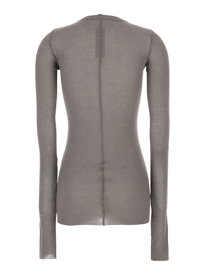 Round Neck T-Shirt with Ribbed Design in Viscose and Silk Blend Gray Women Grey Tshirts Polo Shirts