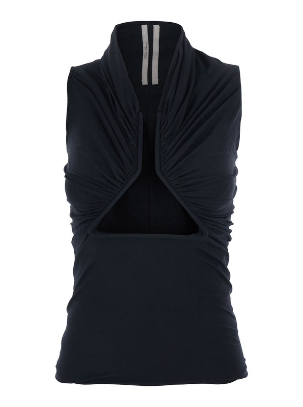 Sleeveless Top With Ruching And Front Vent — Black Nylon Tops
