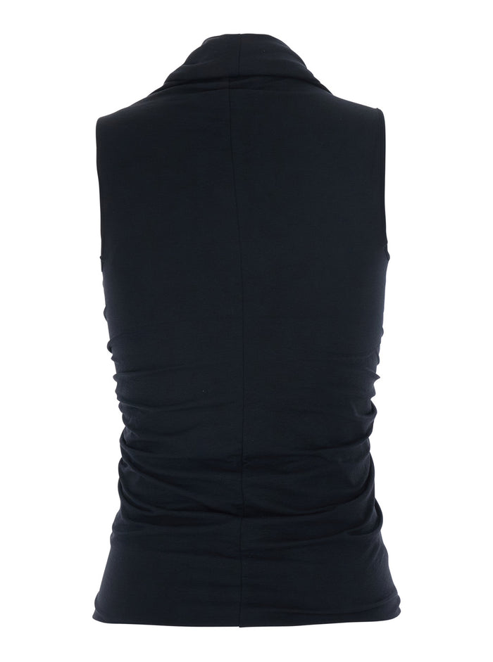Top with Ruching Design and Front Vent in Black Fabric for Women Nylon Elastane Tops