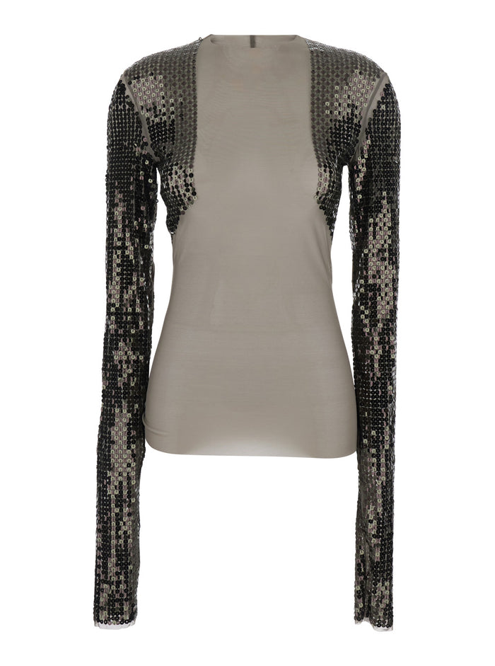 T-Shirt Dennis Short with Long Sleeves Sequins in Tech Fabric Stretch Gray Women Grey Nylon Elastane Tshirts And Polo Shirts