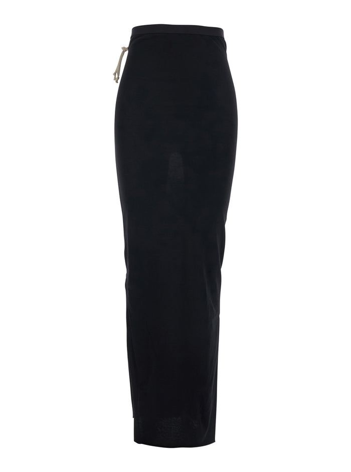 Long Skirt With Side Drawstring Closure And Straight Hem Black Cotton For Women