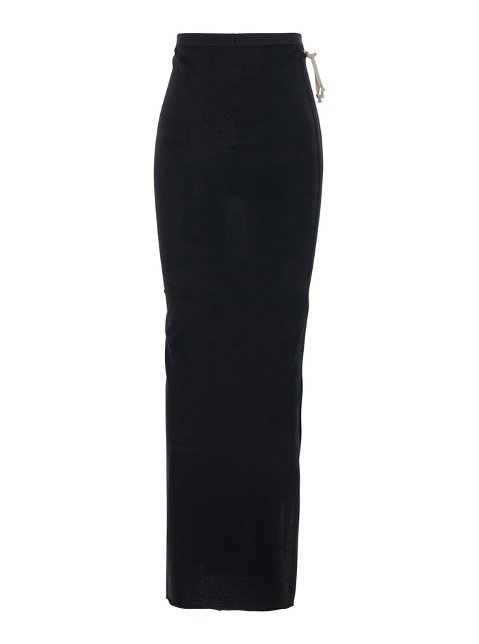 Long Skirt With Side Drawstring Closure And Straight Hem Black Cotton For Women