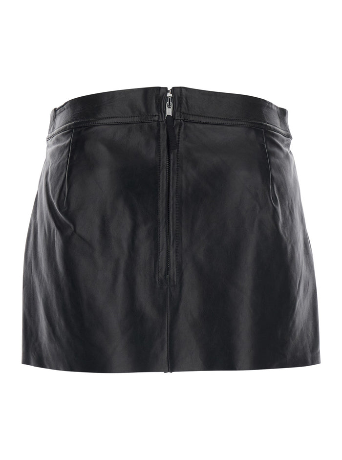 Miniskirt Fog with Cut-Out on the Front and Zip Closure Back in Black Leather for Women Lamb Skirt