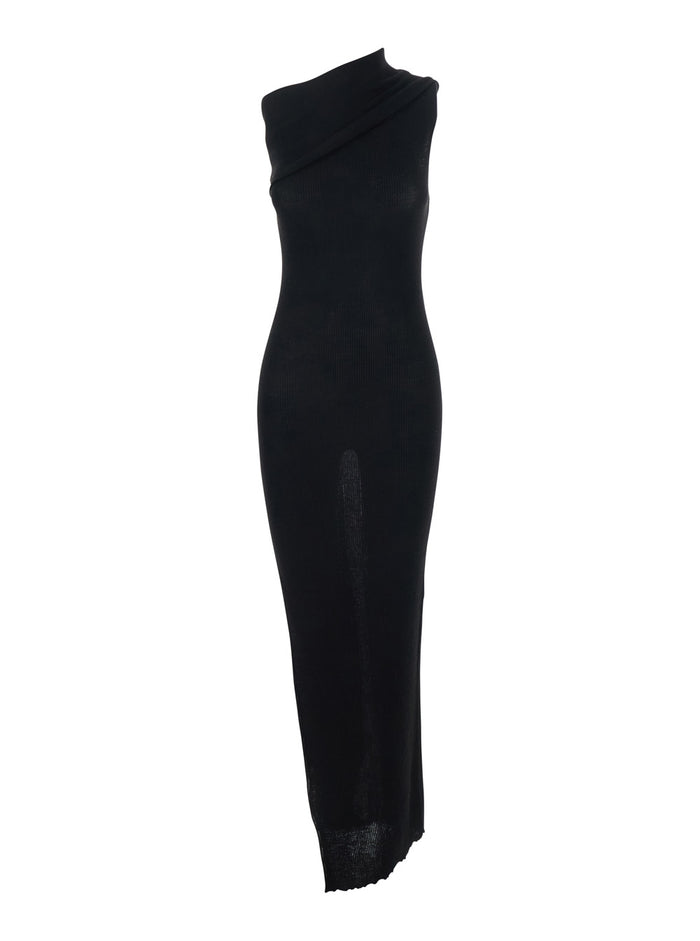 Long Dress Athena Asymmetric with Wide Neck and Ribbed Knit in Black Cotton for Women Wool
