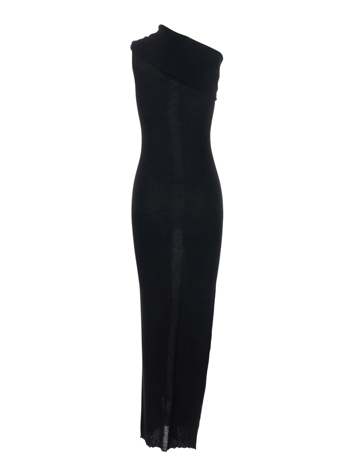 Long Dress Athena Asymmetric with Wide Neck and Ribbed Knit in Black Cotton for Women Wool