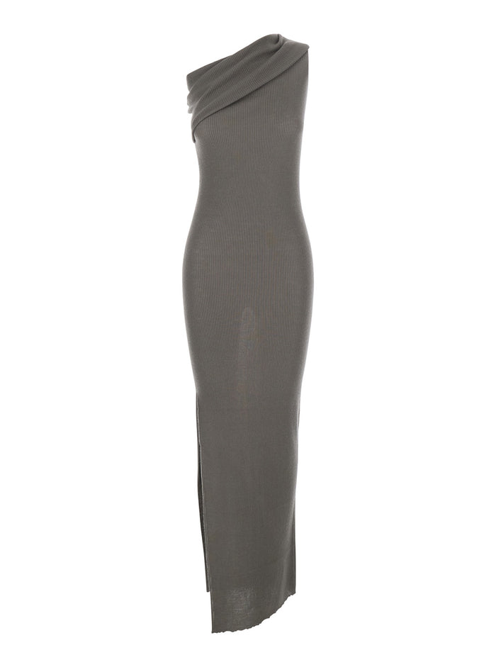 Long Dress Athena Asymmetric with Wide Neck and Ribbed Knit in Grey Cotton for Women Wool