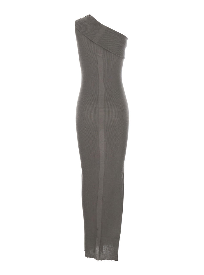 Long Dress Athena Asymmetric with Wide Neck and Ribbed Knit in Grey Cotton for Women Wool