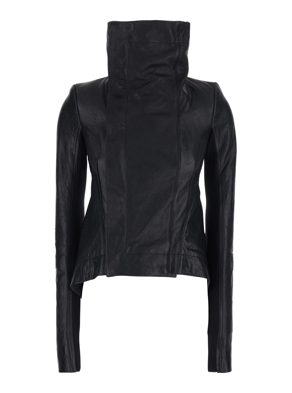Naska Biker Jacket with Oversized Funnel Neck and Double-Breasted Closure in Black Leather for Women Lamb Outerwear