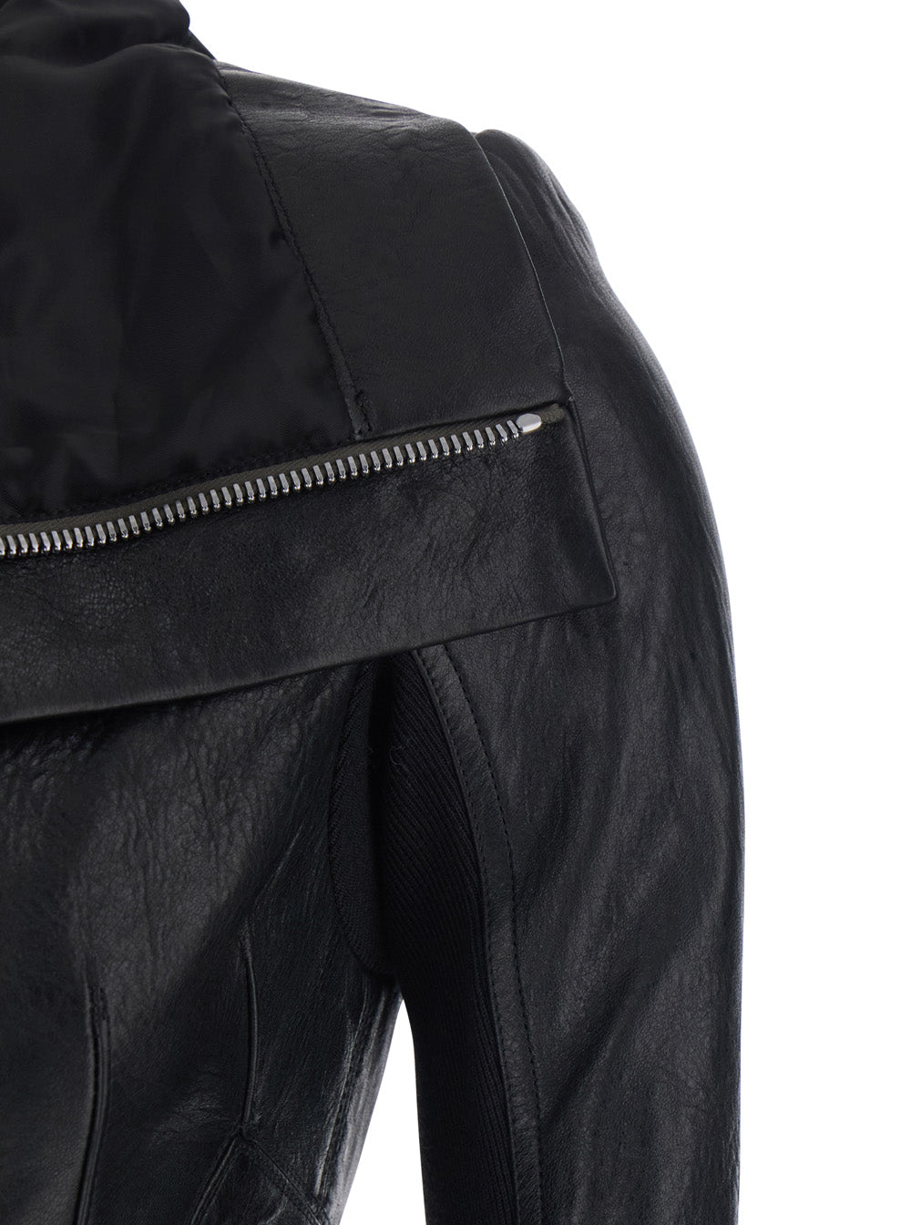 Naska Biker Jacket with Oversized Funnel Neck and Double-Breasted Closure in Black Leather for Women Lamb Outerwear