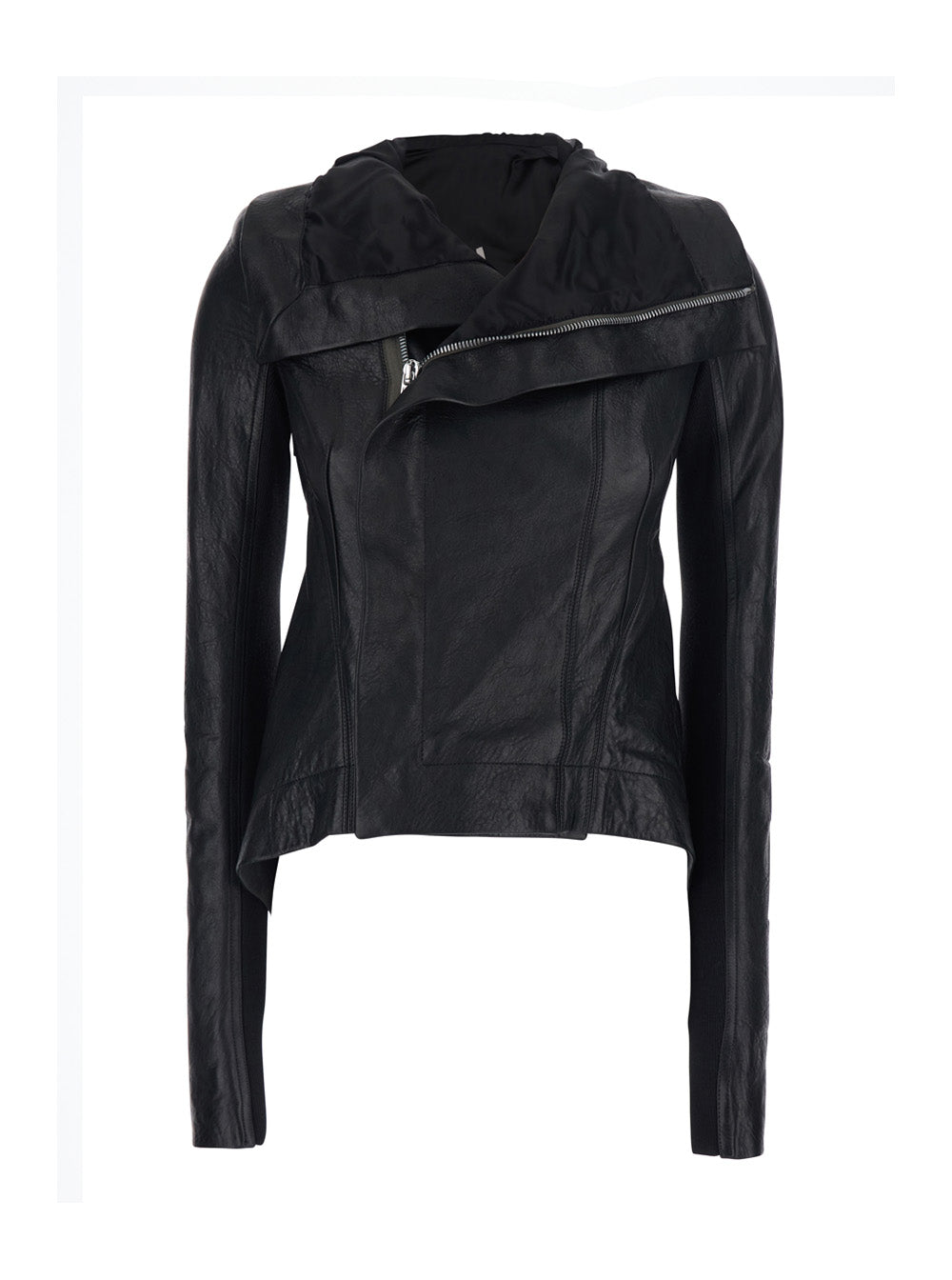 Naska Biker Jacket with Oversized Funnel Neck and Double-Breasted Closure in Black Leather for Women Lamb Outerwear
