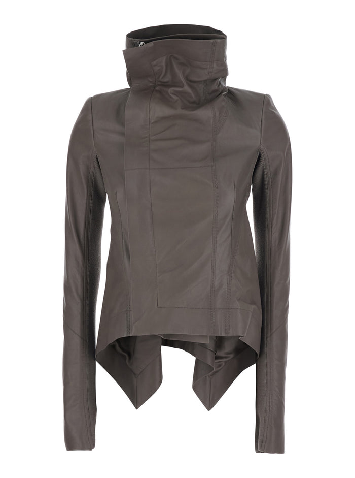 Oversized Naska Jacket with High Collar and Front Zip Closure in Grey Leather for Women Lamb Outerwear