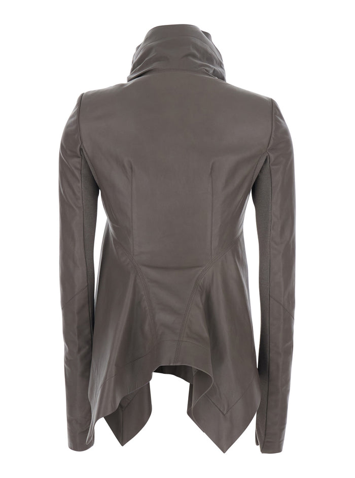 Oversized Naska Jacket with High Collar and Front Zip Closure in Grey Leather for Women Lamb Outerwear
