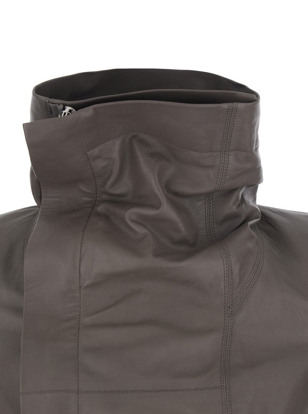 Oversized Naska Jacket with High Collar and Front Zip Closure in Grey Leather for Women Lamb Outerwear