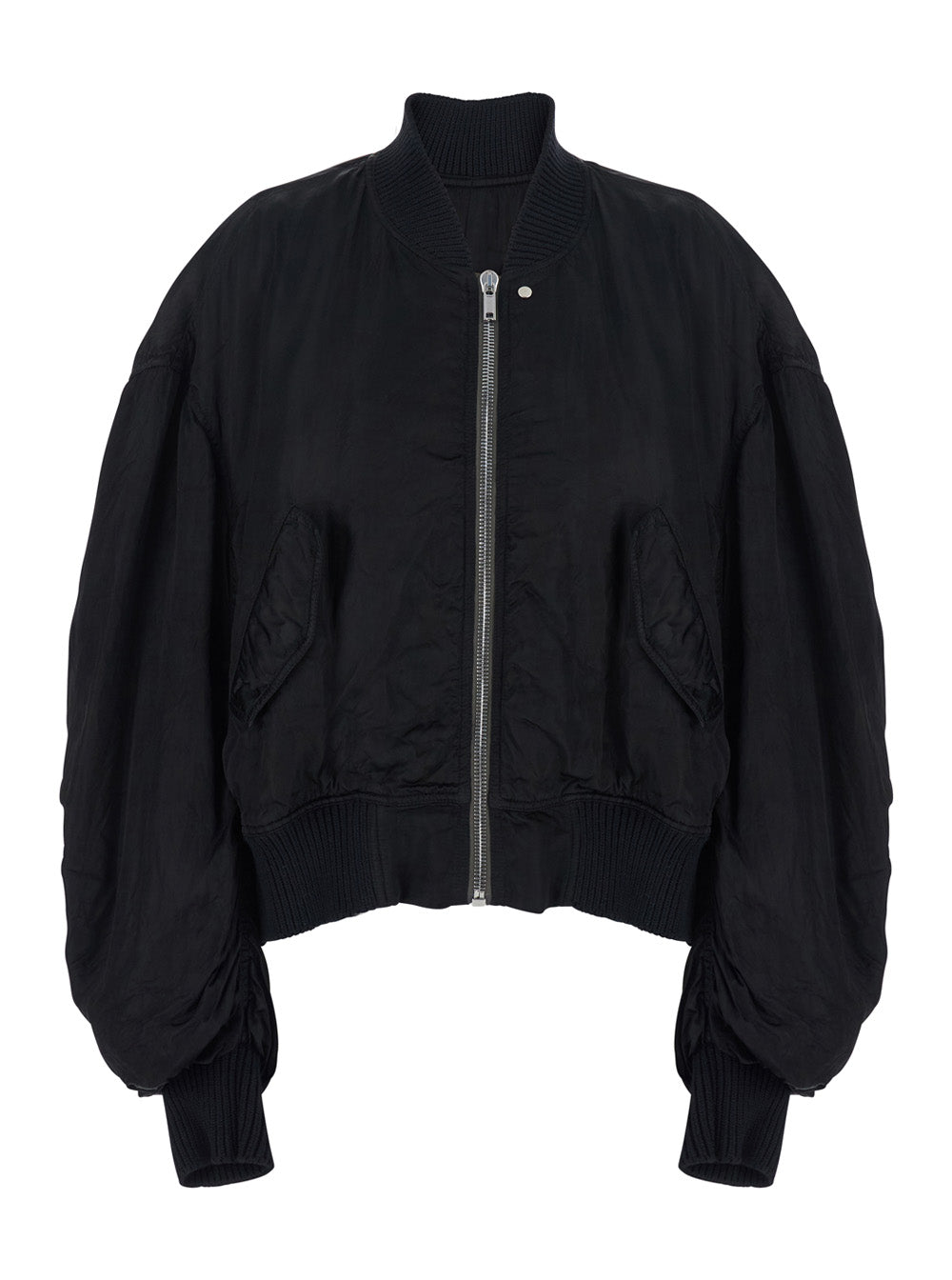 Bomber Jacket Secchia Flight with Ruched Sleeves in Black for Women Ecoleather Outerwear