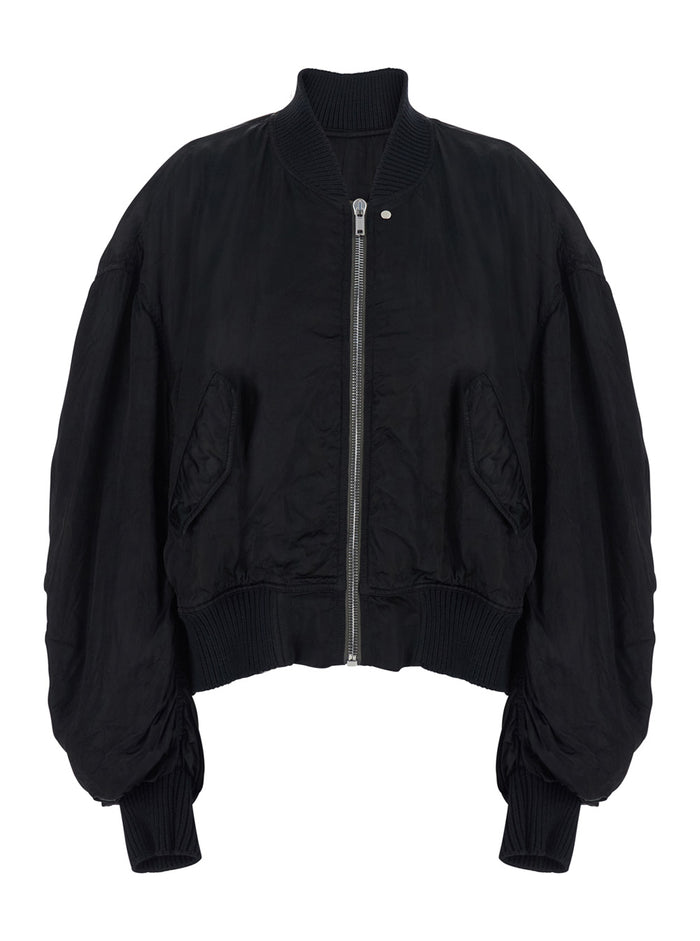 Bomber Jacket Secchia Flight with Ruched Sleeves in Black for Women Ecoleather Outerwear