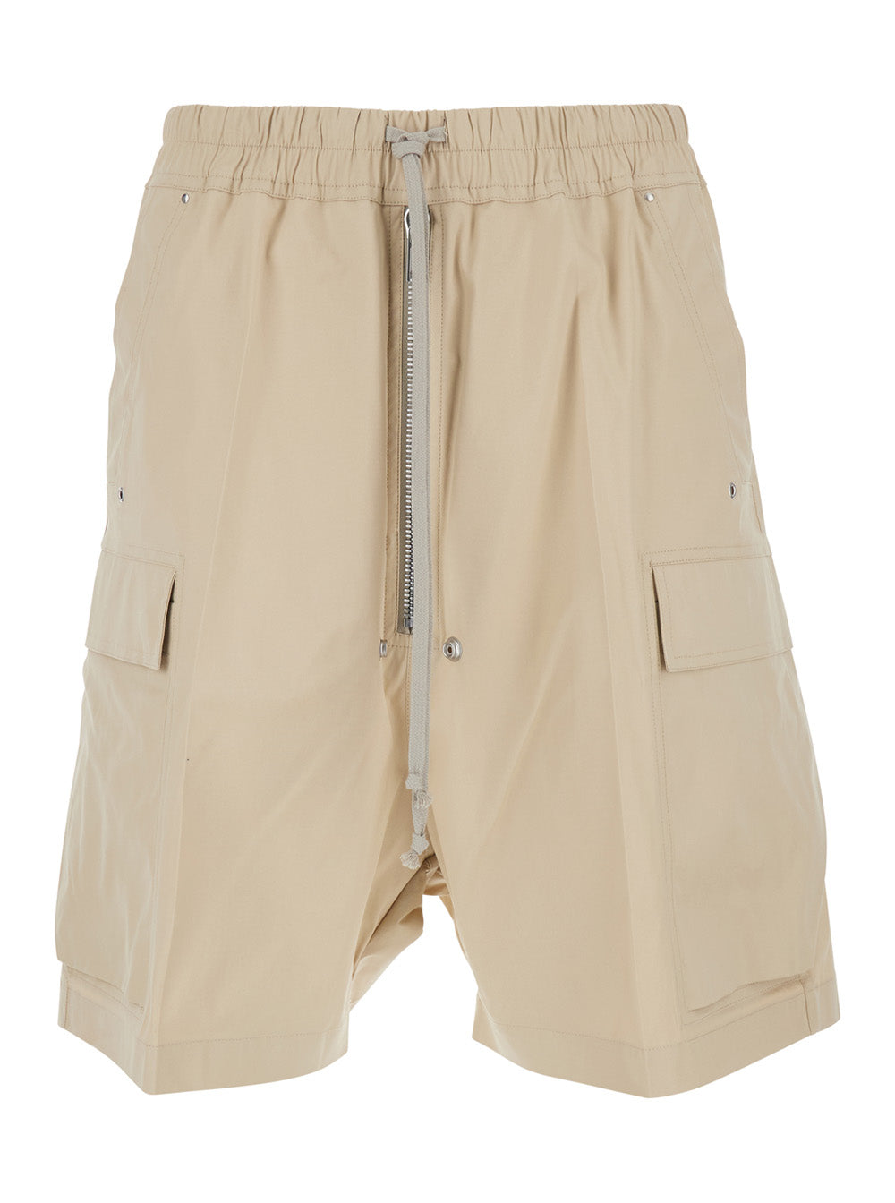 Cargobela Shorts with Elasticized Waist and Drawstring Welt Pockets in Stretch Beige Cotton for Men Elastane Bermuda
