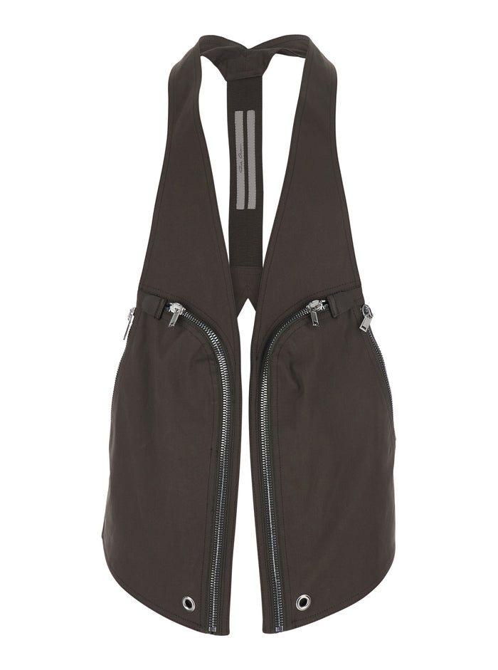 Mens Brown Bauhaus Sleeveless Gilet with Two Zip Pockets on the Front in Stretch Cotton Elastane Blazers