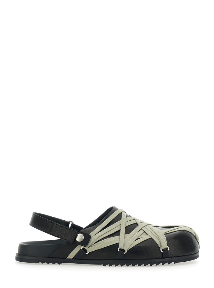 Mule Megalace with Oversized Decorative Laces and Hook Closure at the Back in Black Leather Ram Flat Shoes