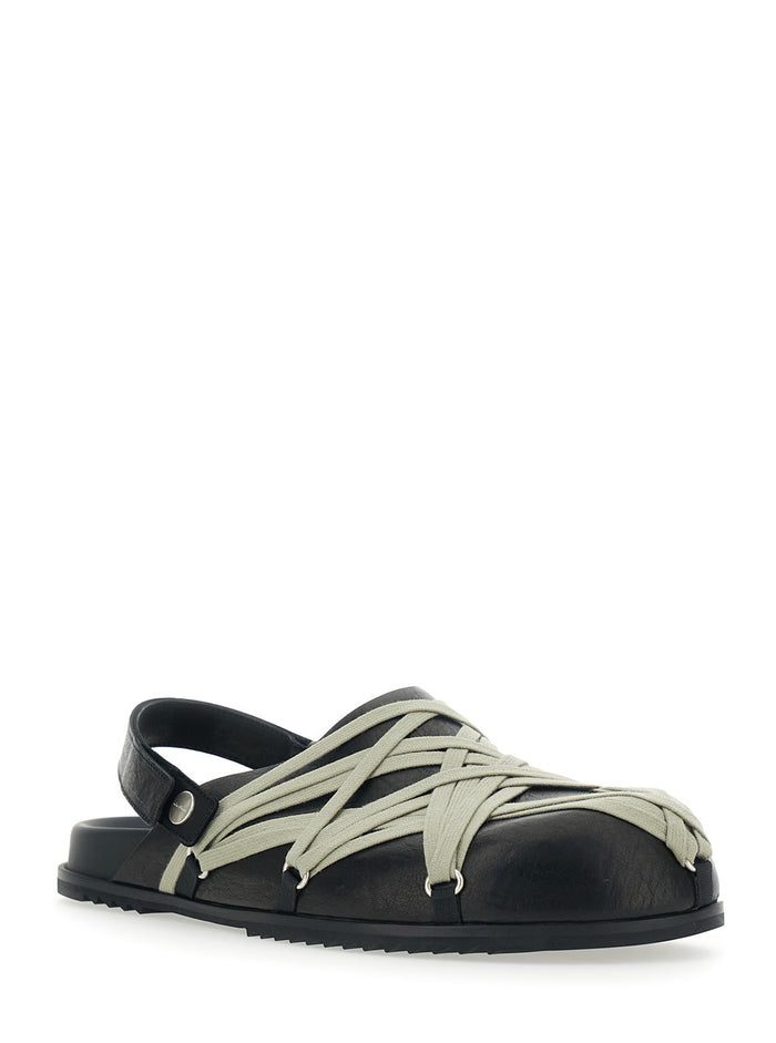 Mule Megalace with Oversized Decorative Laces and Hook Closure at the Back in Black Leather Ram Flat Shoes