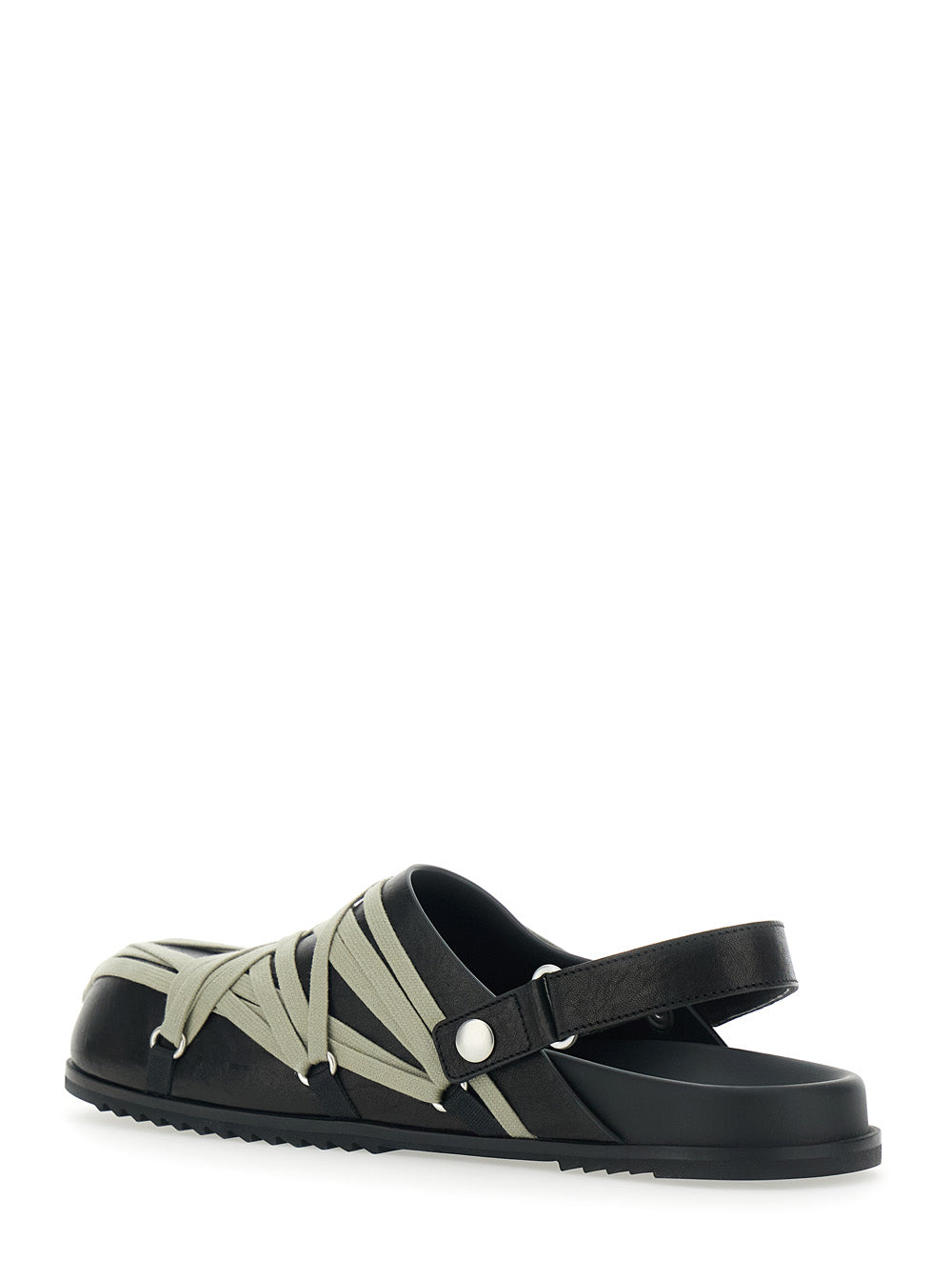 Mule Megalace with Oversized Decorative Laces and Hook Closure at the Back in Black Leather Ram Flat Shoes