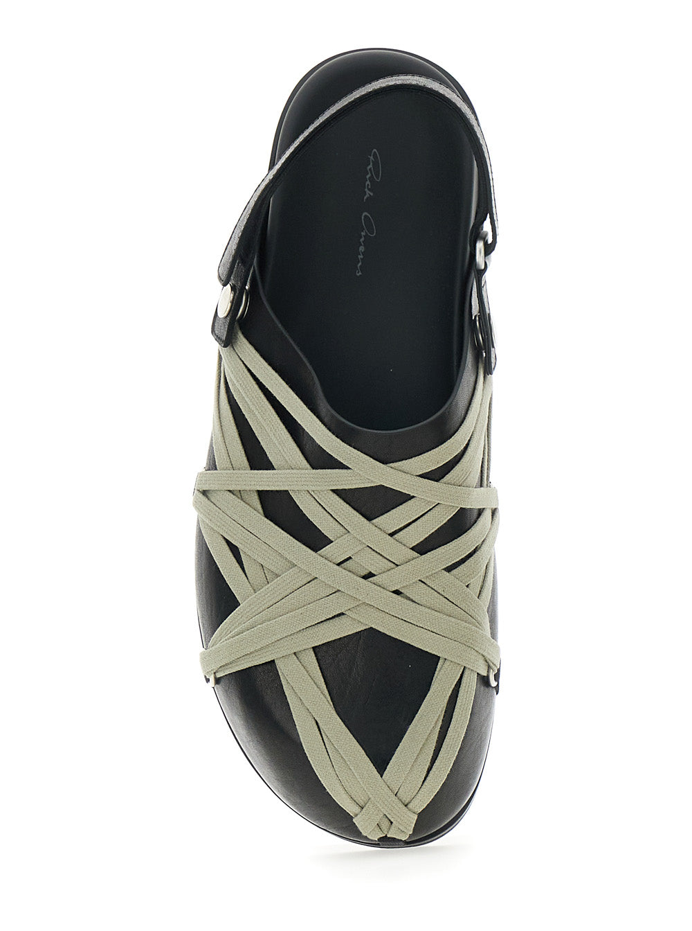 Mule Megalace with Oversized Decorative Laces and Hook Closure at the Back in Black Leather Ram Flat Shoes