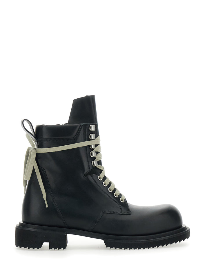 Mens Low Army Ankle Boots with Oversized Decorative Laces and Tank Sole in Black Leather Calf