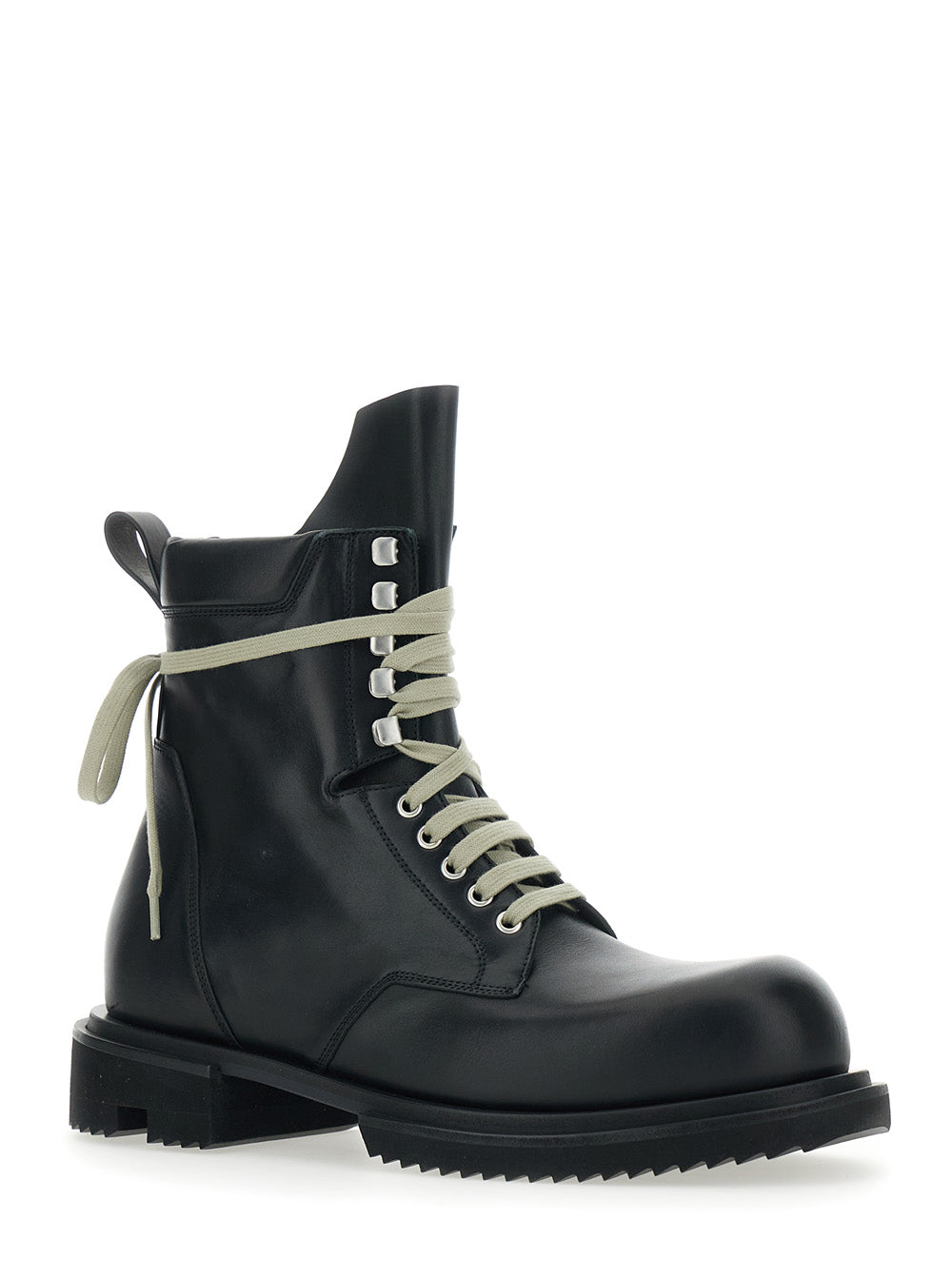 Mens Low Army Ankle Boots with Oversized Decorative Laces and Tank Sole in Black Leather Calf