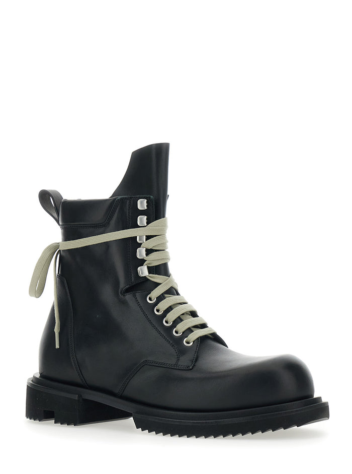 Mens Low Army Ankle Boots with Oversized Decorative Laces and Tank Sole in Black Leather Calf
