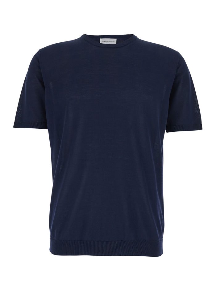 Blue Crew Neck T-Shirt with Ribbed Finishes for Men Blu Cotton Tshirts And Polo Shirts