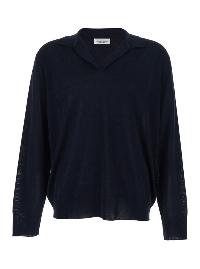 Blue Cotton Blend V-Neck Sweater for Men Blu Jersey