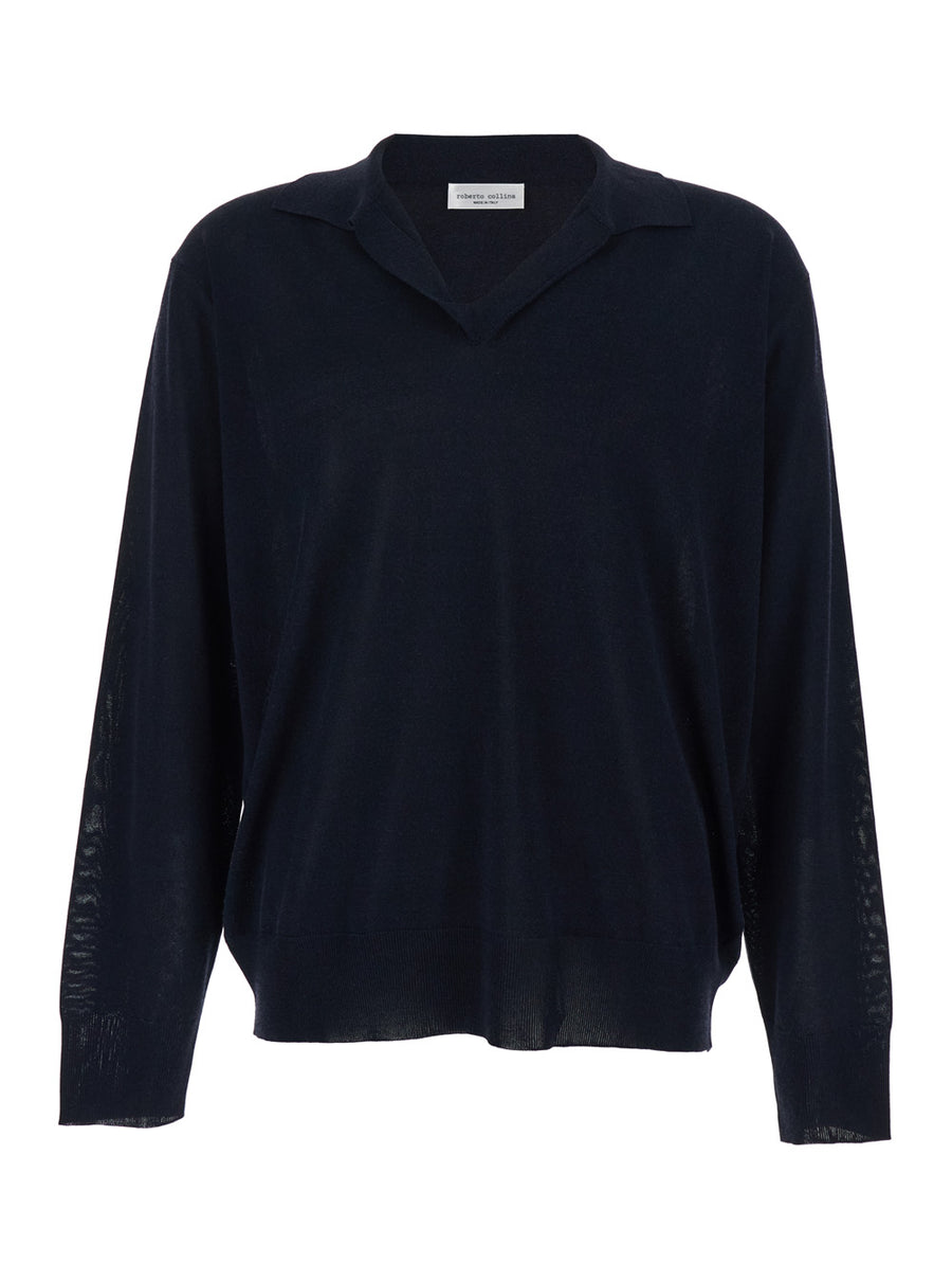 V-Neck Sweater Cotton-Blend Blue Tops