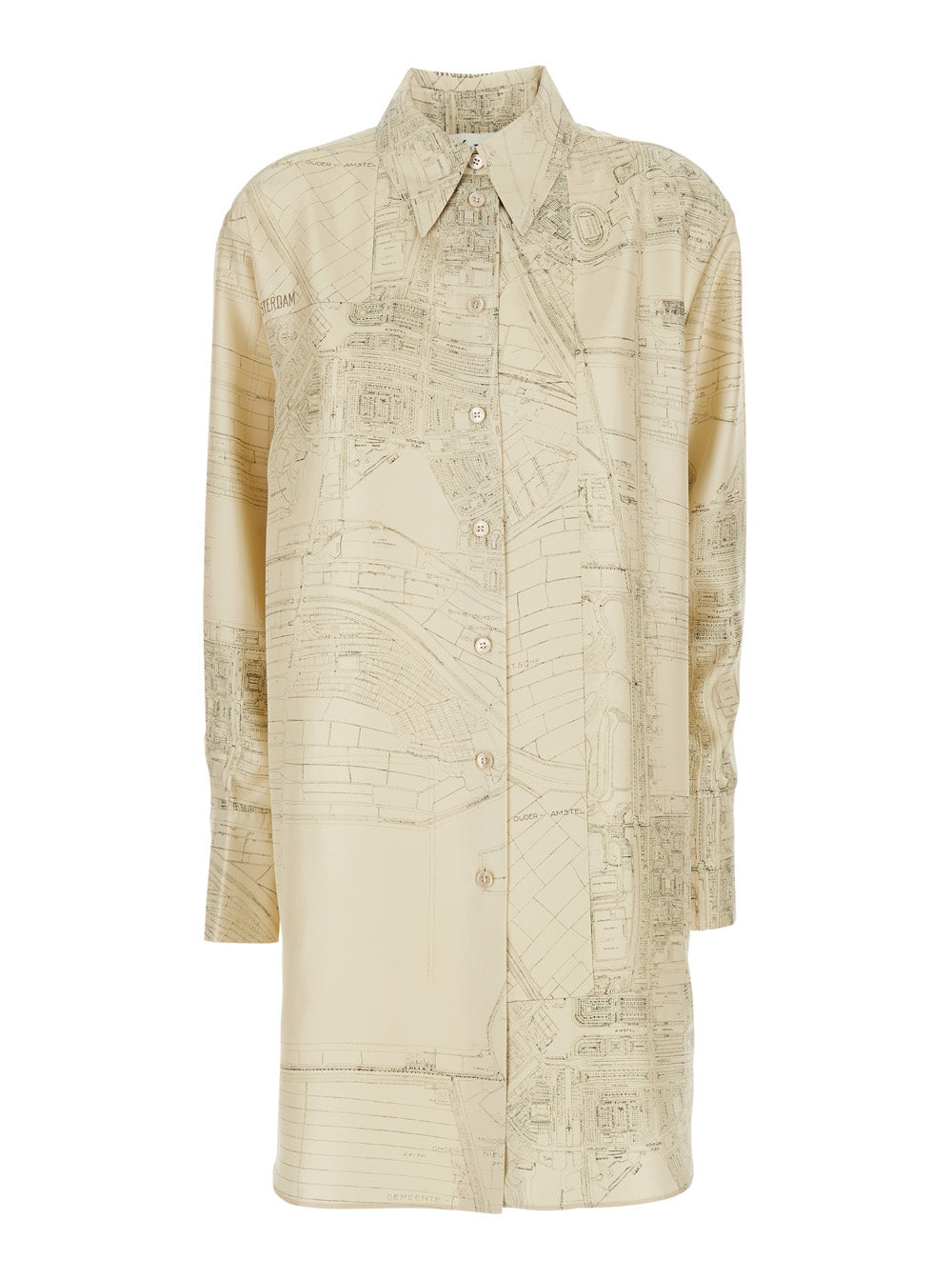 Beige Silk Shirt with Pointed Collar and All-Over Print for Women Blouses