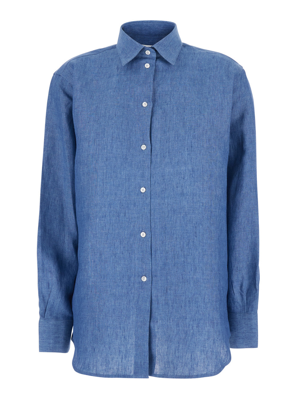 Blue Shirt with Classic Collar and Button Closure for Women Blu Linen Blouses