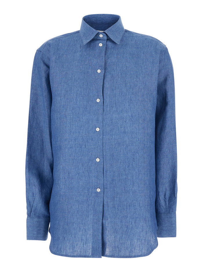 Blue Shirt with Classic Collar and Button Closure for Women Blu Linen Blouses