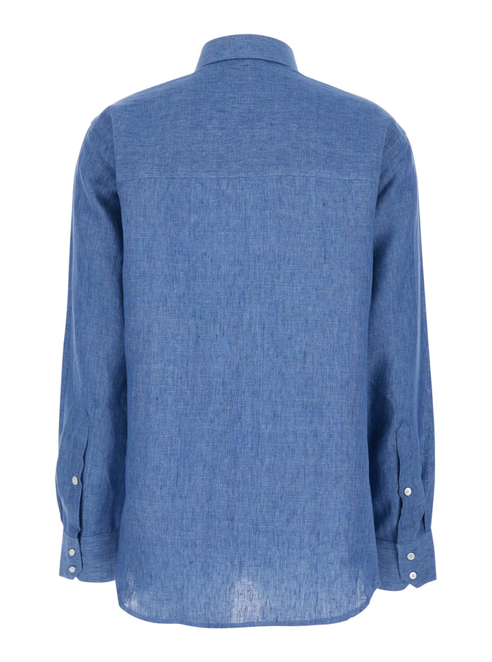 Blue Shirt with Classic Collar and Button Closure for Women Blu Linen Blouses