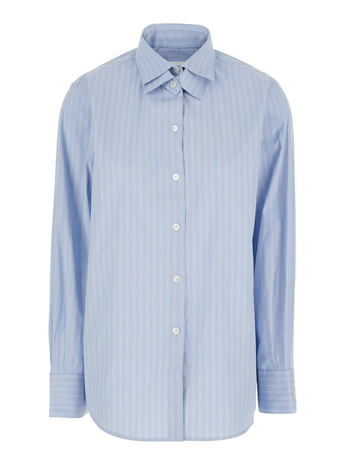 Blue Shirt with Double Collar and All-Over Striped Motif in Cotton for Women Light Blouses