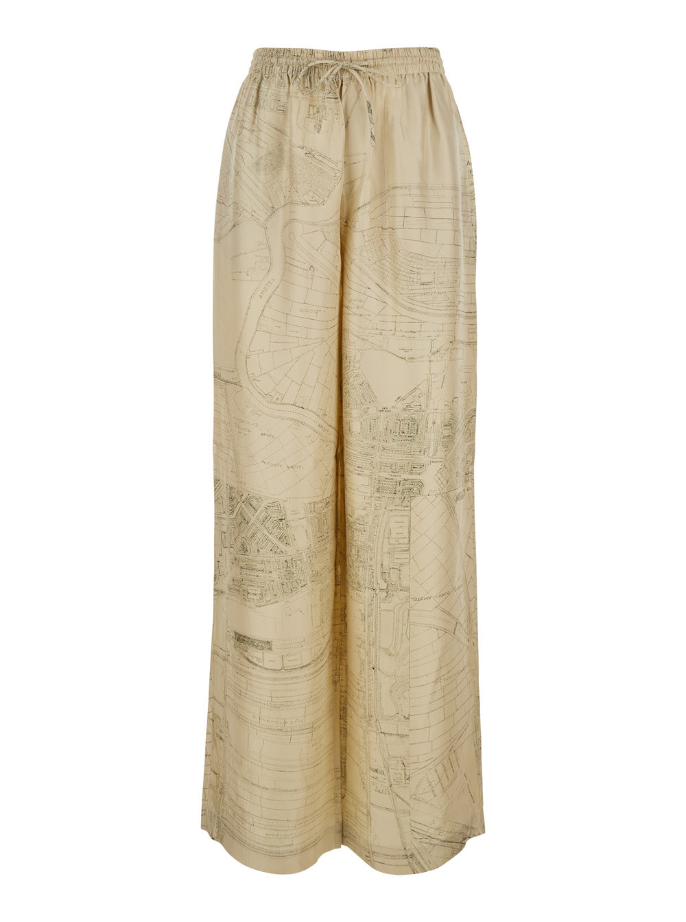 Beige Silk Pants with Elastic Waist and Drawstring All-Over Print for Women Trousers