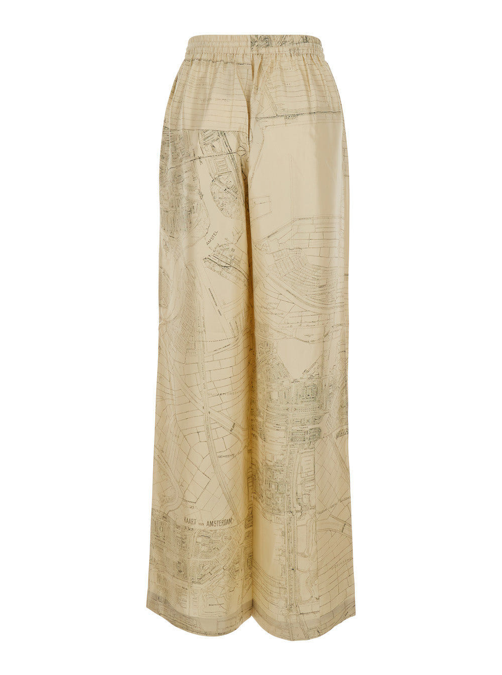 Beige Silk Pants with Elastic Waist and Drawstring All-Over Print for Women Trousers