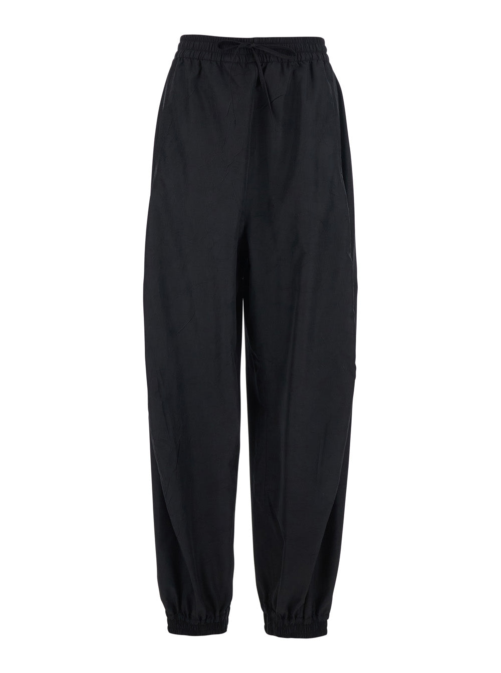 Balloon Pants with Elastic Waist and Drawstring in Black Tech Fabric for Women Polyester Trousers